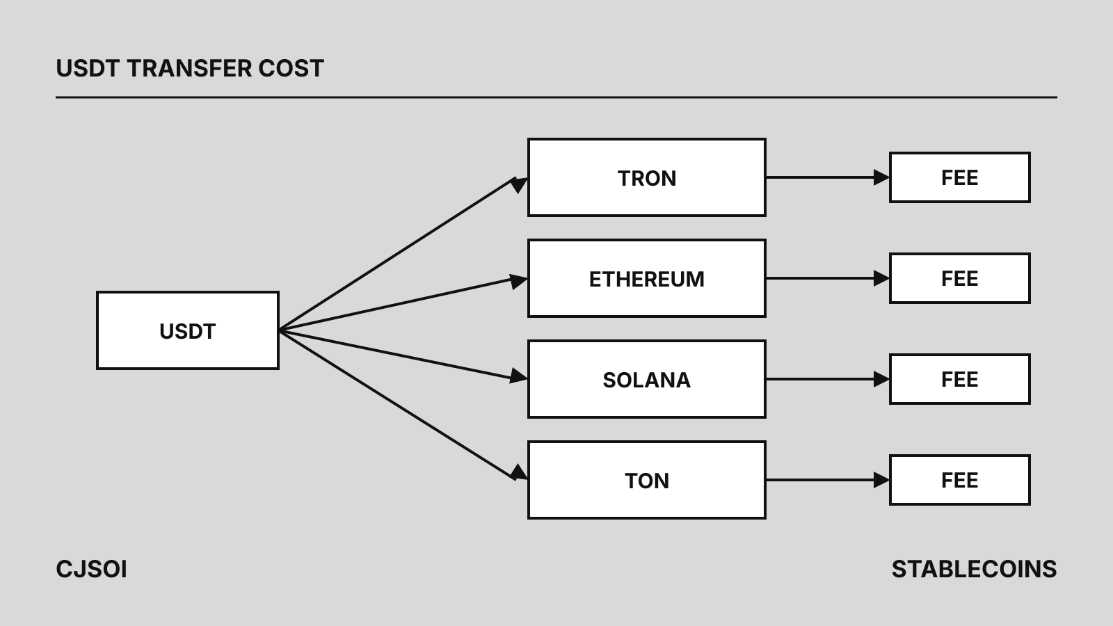 Line diagram: a USDT box on the left with arrows to four network boxes, TRON, Ethereum, Solana and TON, each leading to a box labeled fee.